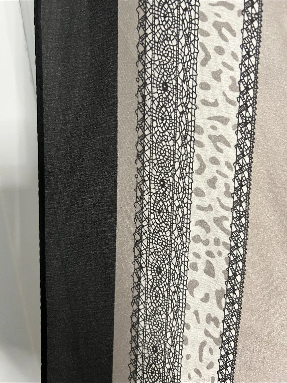 Neutral colors silk Scarf with geometric faux Lace and Leopard Trim 34” X 78”